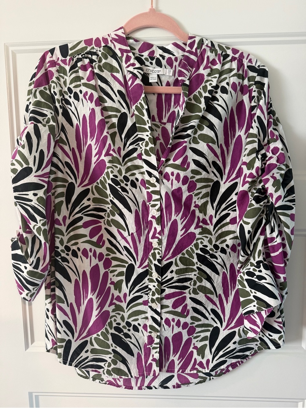 Chico's White, Purple & Green Floral Button-Down Blouse